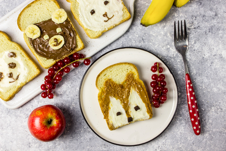 Funny animal sandwich for kids shaped cute bear, panda, fox, rabbit with peanut butter, honey, chocolate paste and banana. Top vewの写真素材
