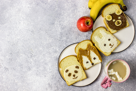 Funny animal sandwich for kids shaped cute bear, panda, fox, rabbit with peanut butter, honey, chocolate paste and banana. Top vewの写真素材