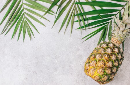 Pineapples and tropical palm leaves on light concreteの写真素材