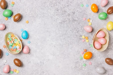 Sweet Sugary Easter Candy eggs on light grayの写真素材