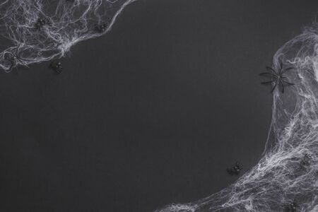 Traditional halloween background with spiders. Place for text. Black spiders, white web on black background. Top view. Flat layの写真素材