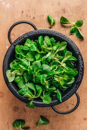 Black metal colander with corn salad leaves on rustic background. Top viewの写真素材