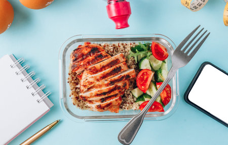 Fitness background, sport equipment for training. Healthy meal container with dumbbells, tape...