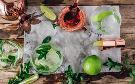 Lemonade or Mojito cocktail making. Mint, lime, ice ingredients and bar utensils on a marble board. Top view. Flat layの写真素材
