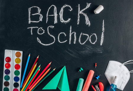 Protective mask and sanitizer, School supplies on blackboard background. Chalk inscription - Back to...