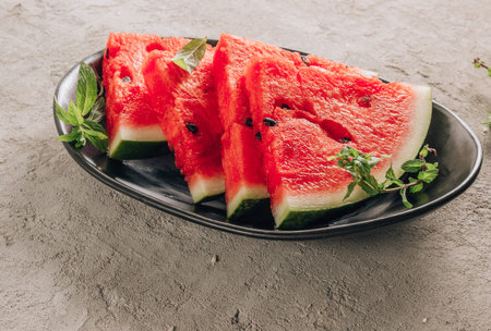 Fresh slices of watermelon with mint leaves on a black plate on the concrete table. Selective focus