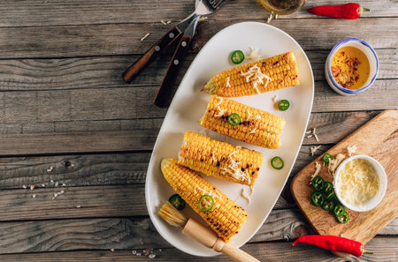 Grilled spicy corn cobs on white plate on rustic wooden background