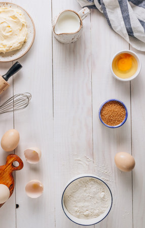 Ingredients for baking and Breakfast with eggs, flour, sugar, milk and butter on a white wooden...