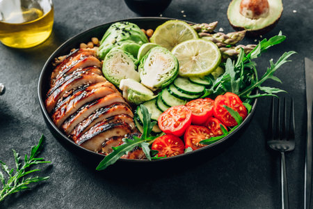 Healthy buddha bowl lunch with grilled chicken arugula, avocado, brussels sprouts, tomato, cucumber and chickpeaの写真素材