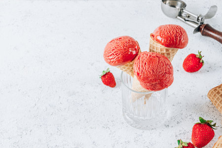 Yummy strawberry ice cream in glass on white background. Selective focus with copy spaceの写真素材