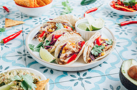 Chicken tacos with red cabbage, tomatoes and cornの写真素材