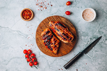 Grilled chicken fillets on wooden cutting board over gray marble backgroundの写真素材