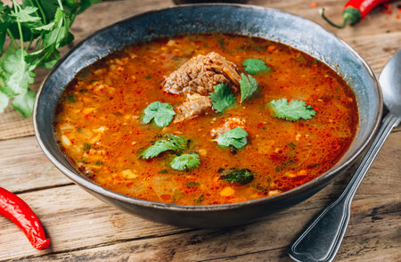 Traditional Georgian tomato soup Kharcho with beef and rice on rustic wooden background.の写真素材
