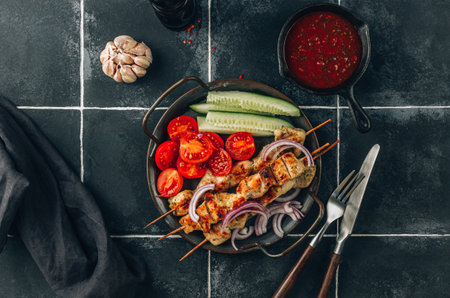 Grilled chicken skewers with vegetables and tomato sauce on black tile background.の写真素材
