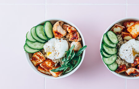 Buddha bowl dish with grilled Halloumi cheese, quinoa, chicken fillet, cucumber, arugula and egg.の写真素材