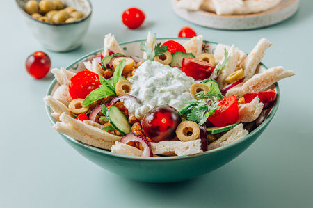 Healhty vegetarian salad with fried chickpeas, pita, olives, fresh vegetables and tzatziki sauce over green background.の写真素材