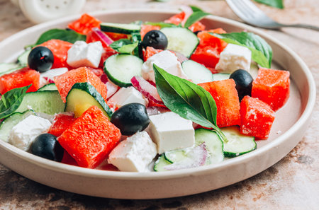 Summer watermelon salad with cucumber, basil and feta cheeseの写真素材