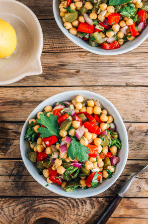 Healthy homemade chickpea and veggies saladの写真素材