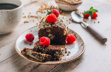 Gluten-Free Buckwheat Brownie with Raspberries and Mintの写真素材