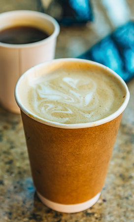 Two paper coffee cups with americano and cappuccino on a stone table at an outdoor cafe.の写真素材
