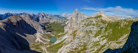 Panoramic view of Tre Cime di Lavaredo, Dolomites, Italyの写真素材