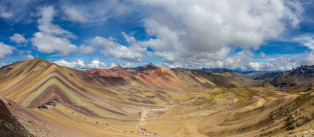 Panoramic view of multicolored mountains Vinicunca, Rainbow mountains Peruの写真素材