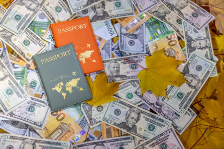 passport for travel and dollars on a background of the autumn leavesの写真素材