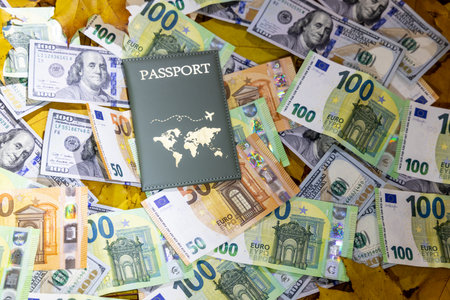 passport on the background of money, the concept of travel and tourismの写真素材