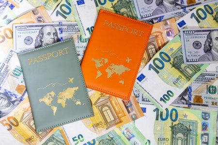 passport on the background of euro banknotes, concept of travelの写真素材