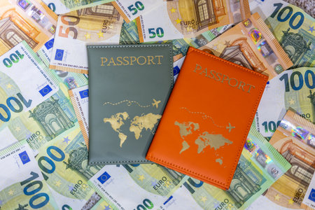 passport and euro money as a background, travel and tourism conceptの写真素材