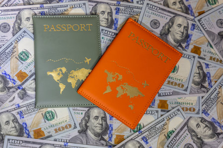 passport and money for traveling around the world, close-upの写真素材