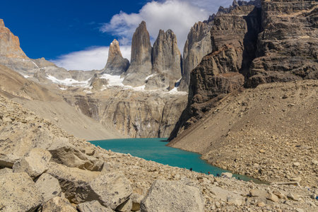 Torres del Paine national park mountain landscape in Patagonia, Chile. Torres del Paine peak granite towering summitsの写真素材