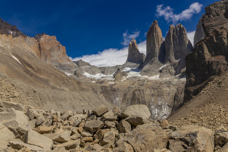 Torres del Paine national park mountain landscape in Patagonia, Chile. Torres del Paine peak granite towering summitsの写真素材