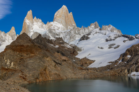 Monte Fitz Roy mountain summit in argentinian Patagonia. High granite mountain  iconic landscape of El Chalten famous hike in South America. Patagonia, Argentinaの写真素材