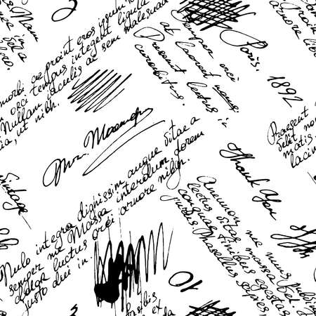 Vector seamless pattern with handwriting text and words in vintage style. Text unreadable. Spilled coffee. Smudges on the paper. Grunge background.のイラスト素材