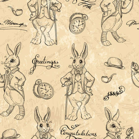 Seamless pattern with rabbits. Retro ornament. English fairy tale character. White rabbit with a clock and a cane. Vintage background, rabbits in the old English costume. Hand drawn illustration.のイラスト素材