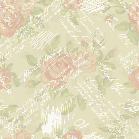 Vintage seamless pattern with roses and handwriting text and words. Seamless Shabby chic flower background for you scrapbooking. Text unreadable.のイラスト素材