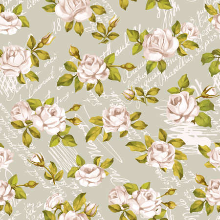 Seamless floral pattern with words, flower vector illustration. Elegance wallpaper with poppy on floral background. Decorative vintage vector illustration texture. Shabby chic rose. Hand write wordsのイラスト素材