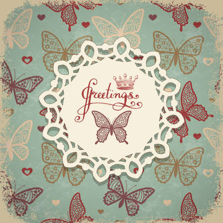 Vector invitation card with butterflies ornament. Wedding card or invitation with butterflies background. Greeting card. Elegance pattern with butterflies, illustration in vintage style.のイラスト素材