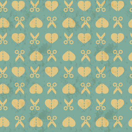 Seamless scissors and hearts pattern in vintage colors. Heart cut in half with scissors. Valentines Day pattern with cut heart. Vector illustration.のイラスト素材