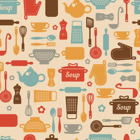 Seamless pattern with kitchen items in retro style.のイラスト素材