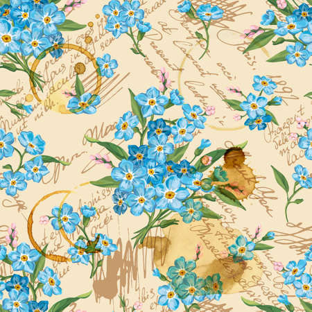Seamless floral pattern with words, flower vector illustration. Elegance wallpaper with flower on floral background. Decorative vintage vector illustration texture. Shabby chic forget-me-not. Hand write wordsのイラスト素材