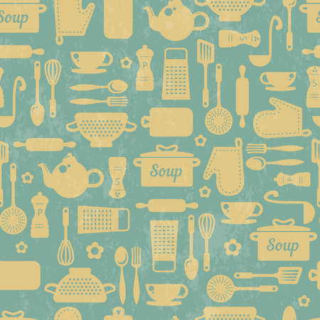 Seamless pattern with kitchen items in retro style.のイラスト素材