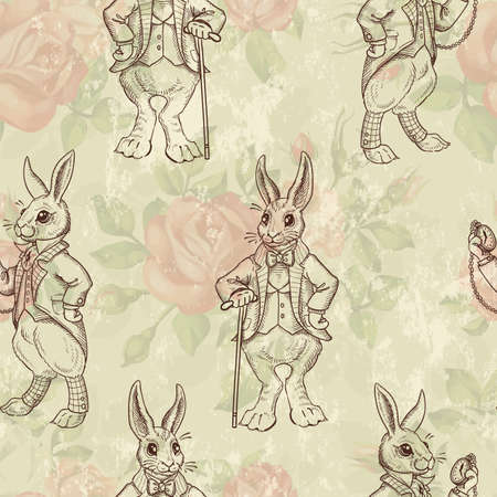 Seamless pattern with rabbits and roses. Retro ornament. White rabbit with a clock and a cane. Vintage background, rabbits in the old English costume. Hand drawn illustration.のイラスト素材