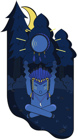 illustration of a shaman in the night forest with a tambourineのイラスト素材