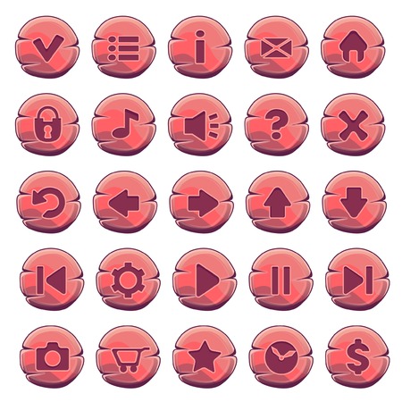 Set of red wooden round buttons, vector game iconsのイラスト素材