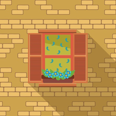Illustration with a vintage window and air-conditioner on the wooden wallのイラスト素材