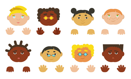 Kids faces and hands european, asian and african-american. Vector illustrationのイラスト素材