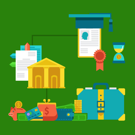 Flat concepts for investing in education concept - stack of coins, diploma and university hatのイラスト素材