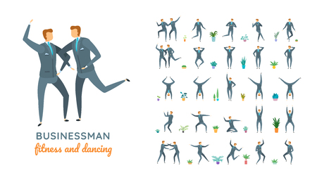 Vector businessman suit casual poses set in flat style. Full length, gestures, emotions, front, side, back view.のイラスト素材